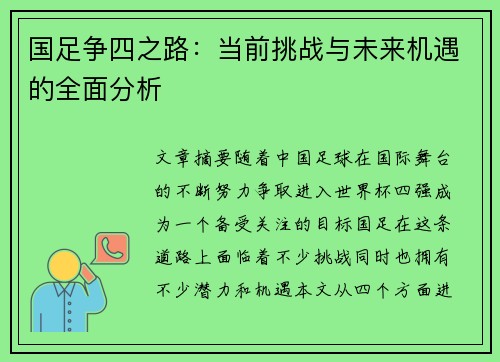 国足争四之路：当前挑战与未来机遇的全面分析