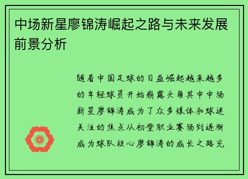 中场新星廖锦涛崛起之路与未来发展前景分析